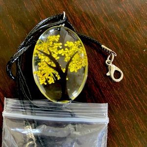 Yellow tree in glass pendant necklace